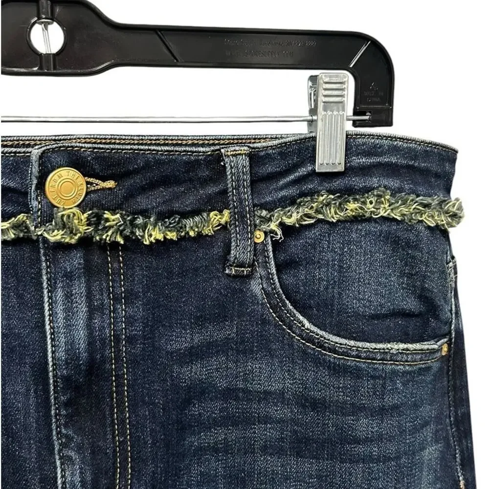 Kut Kelly Dark Wash Denim Raw Hem Fringe Trim 5 Pocket Midi Skirt Womens 10